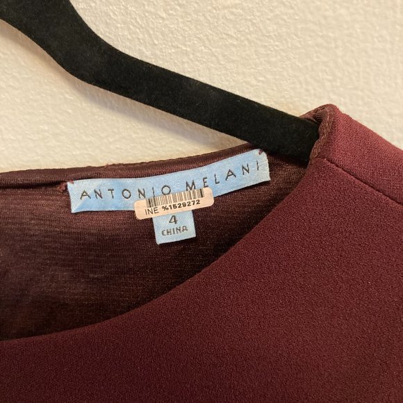 Antonio Melani Shift Dress Burgundy Sz 4 w/Lace Details Bell Sleeves Minimalist - Picture 9 of 13